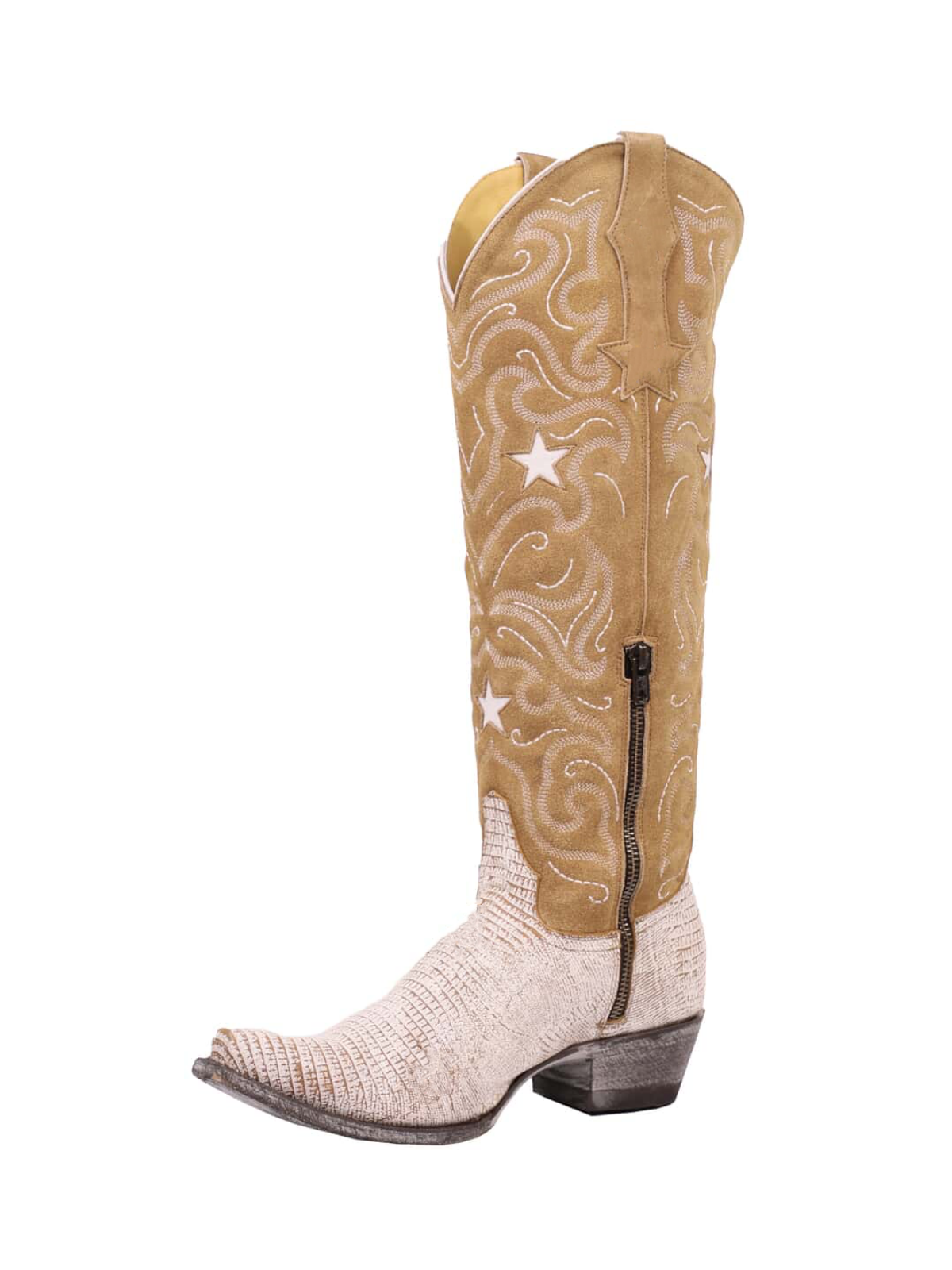 Contrast Camel And Lizard Print White Snip-Toe Embroidery Star Inlay Half-Zip Knee High Cowgirl Boots