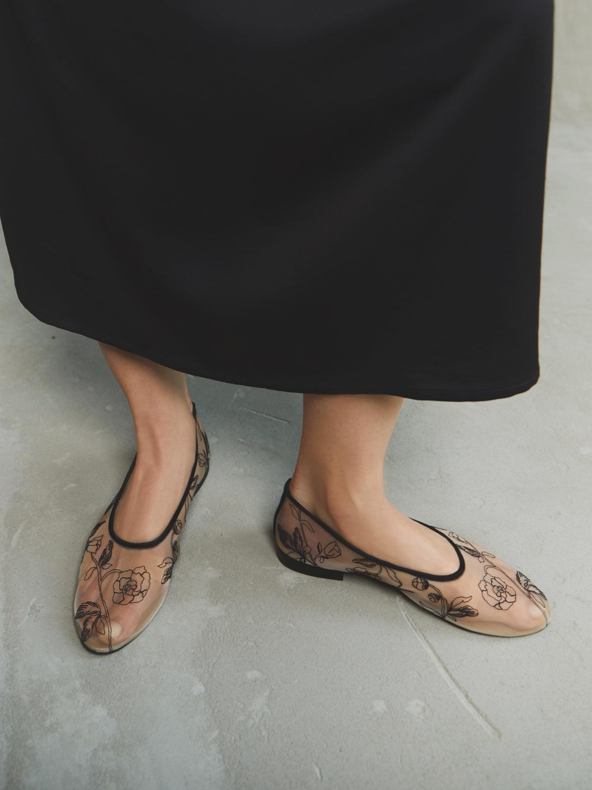 Beige Semi-Sheer Mesh Ballet Flats With Black Floral Embroidery