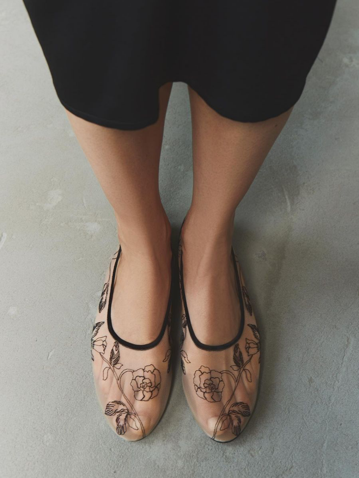 Beige Semi-Sheer Mesh Ballet Flats With Black Floral Embroidery