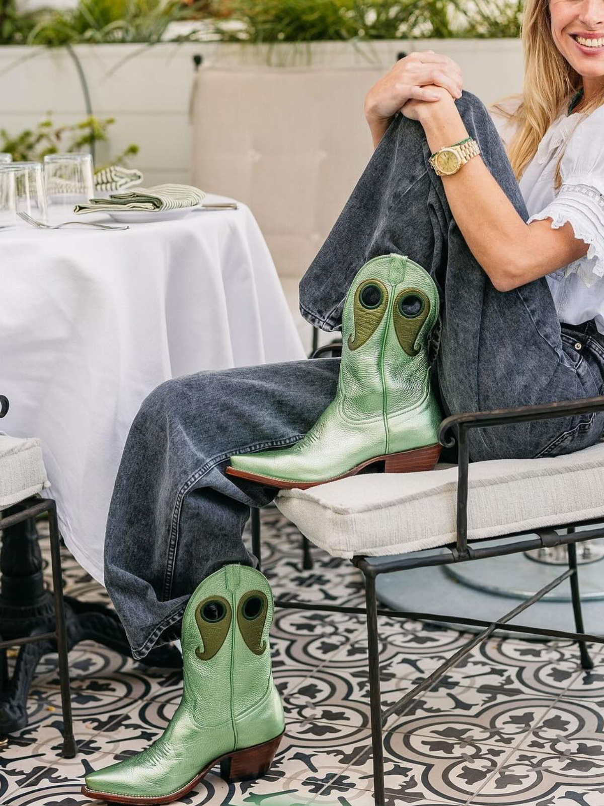 Metallic Green Crinkle Cutout Snip-Toe Wide Mid Calf Cowgirl Boots With Olive Green Paisley