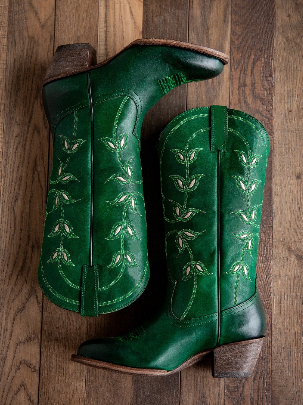 Green Floral Embroidery Almond-Toe Wide Mid Calf Cowgirl Tall Boots