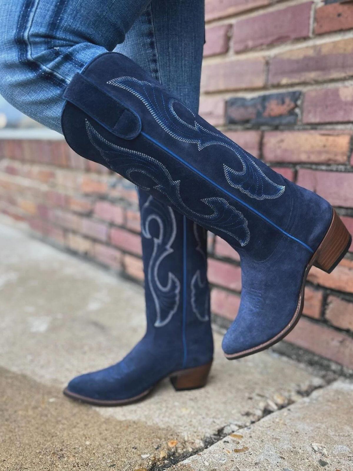 Dark Blue Faux Suede Embroidery Almond-Toe Wide Mid Calf Cowboy Boots For Women