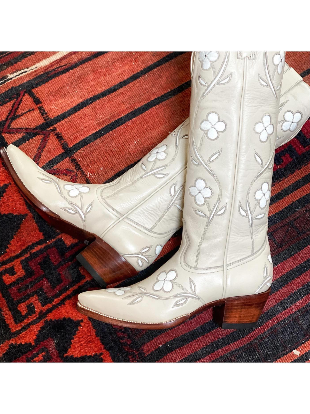 Bone Pointed-Toe White Floral Inlay Wide Mid Calf Tall Cowgirl Boots