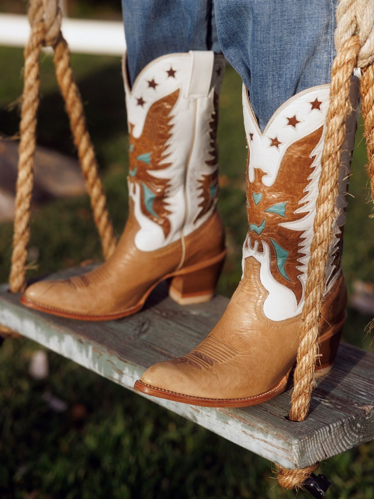 Contrast Tan And Ivory Pointed-Toe Eagle Star Inlay Wide Mid Calf Tall Cowgirl Boots