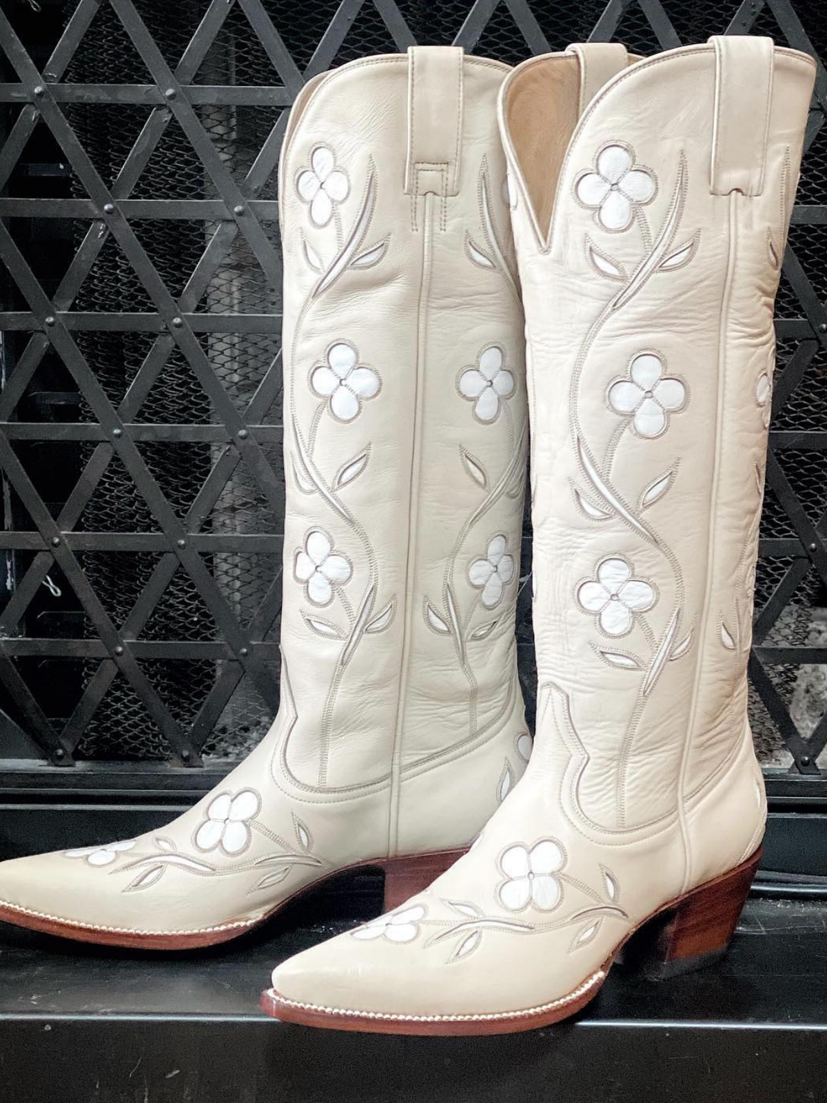 Bone Pointed-Toe White Floral Inlay Wide Mid Calf Tall Cowgirl Boots