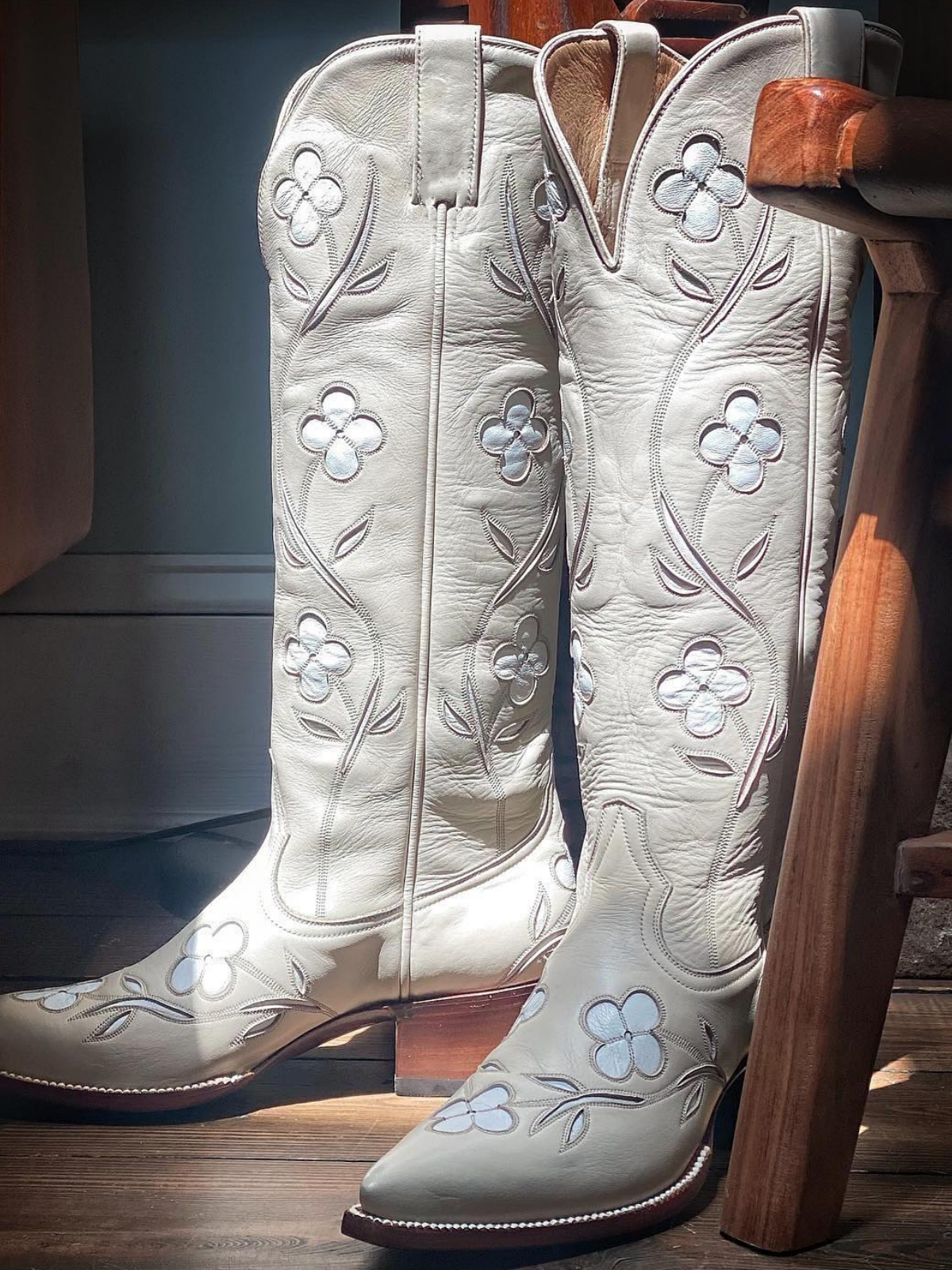 Bone Pointed-Toe White Floral Inlay Wide Mid Calf Tall Cowgirl Boots