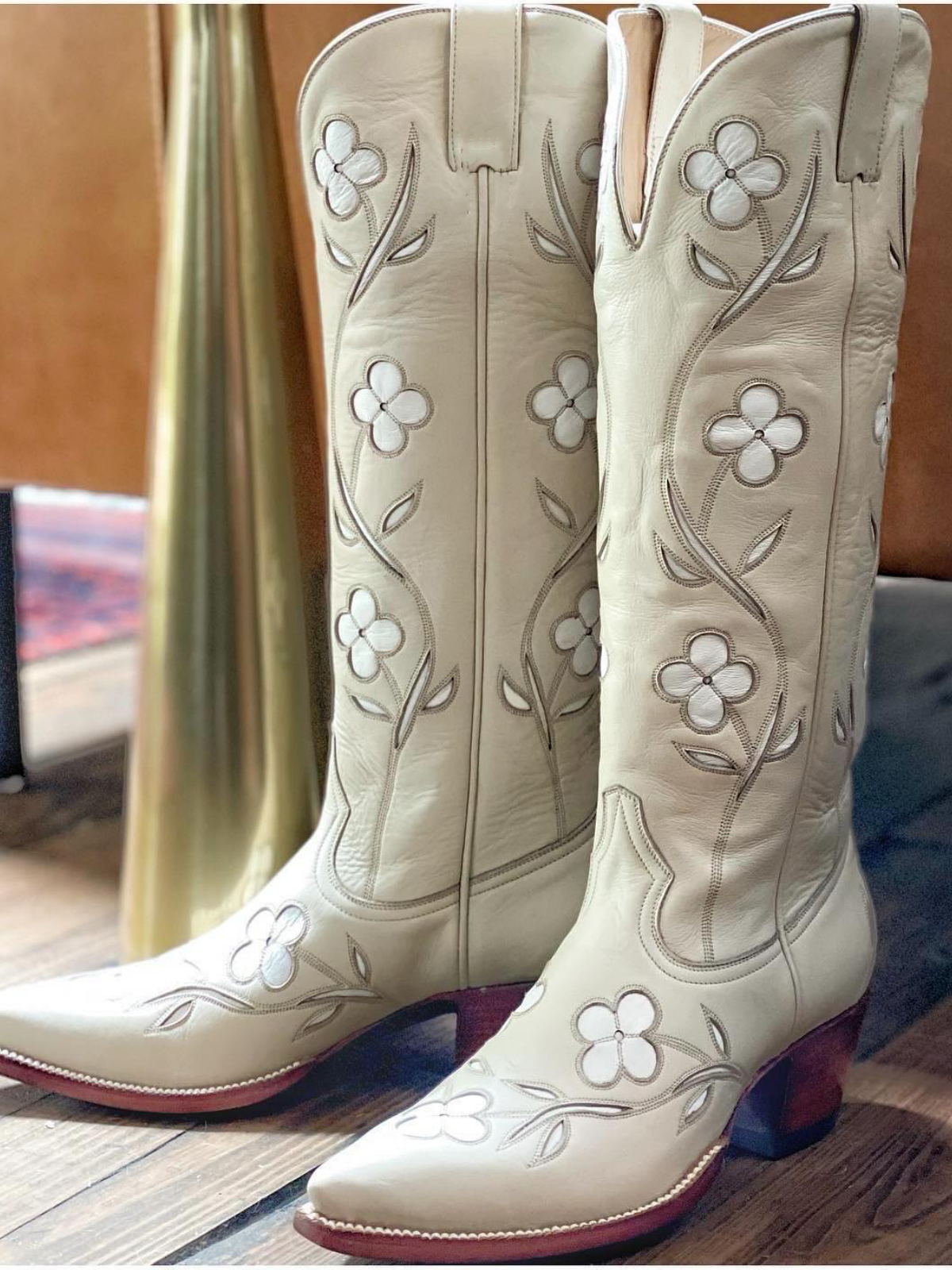 Bone Pointed-Toe White Floral Inlay Wide Mid Calf Tall Cowgirl Boots