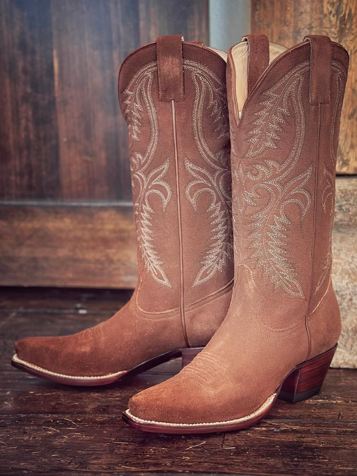 Camel Brown Faux Suede Snip-Toe Embroidery Wide Mid Calf Tall Cowgirl Boots