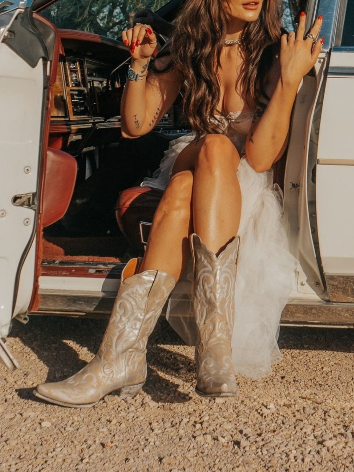 Vintage Metallic Silver Snip-Toe Embroidery Wide Mid Calf Cowgirl Boots