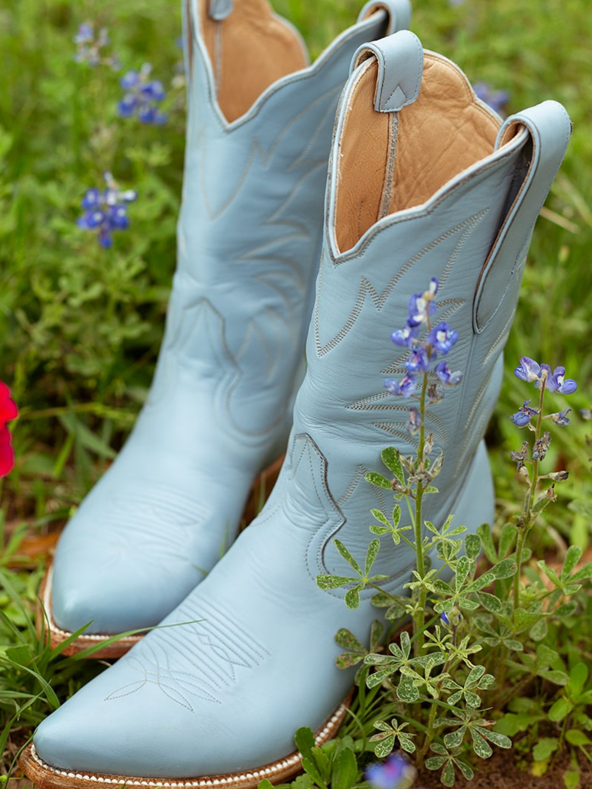 Western Embroidery Snip-Toe Mid Wide Calf Cowgirl Boots - Powder Blue