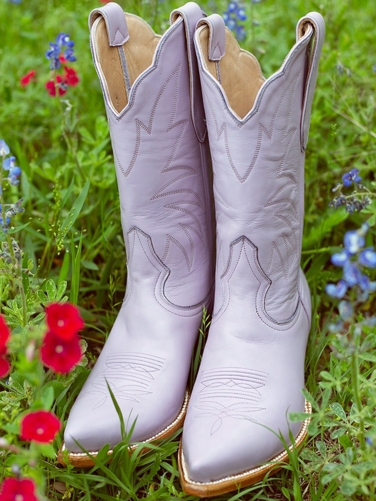 Western Embroidery Snip-Toe Mid Wide Calf Cowgirl Boots - Lavender