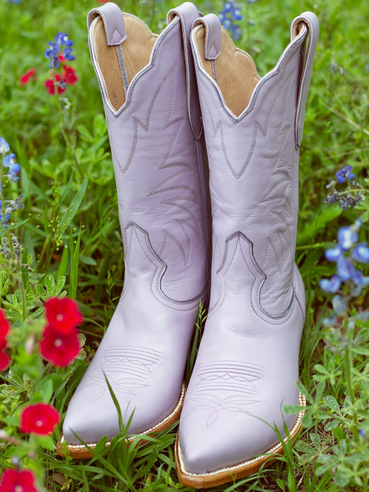 Western Embroidery Snip-Toe Mid Calf Cowgirl Boots - Lavender