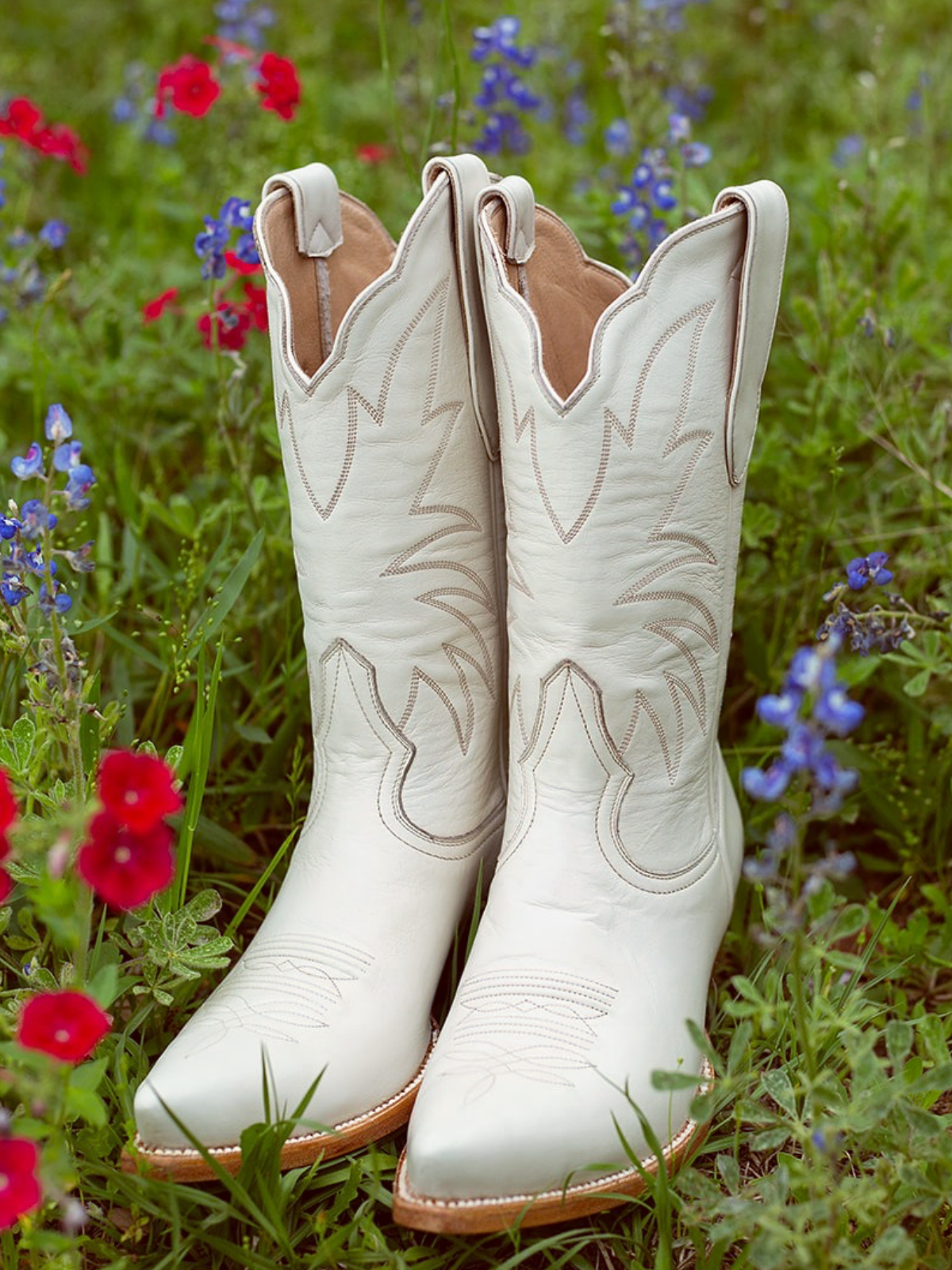 Western Embroidery Snip-Toe Mid Wide Calf Cowgirl Boots - Bone