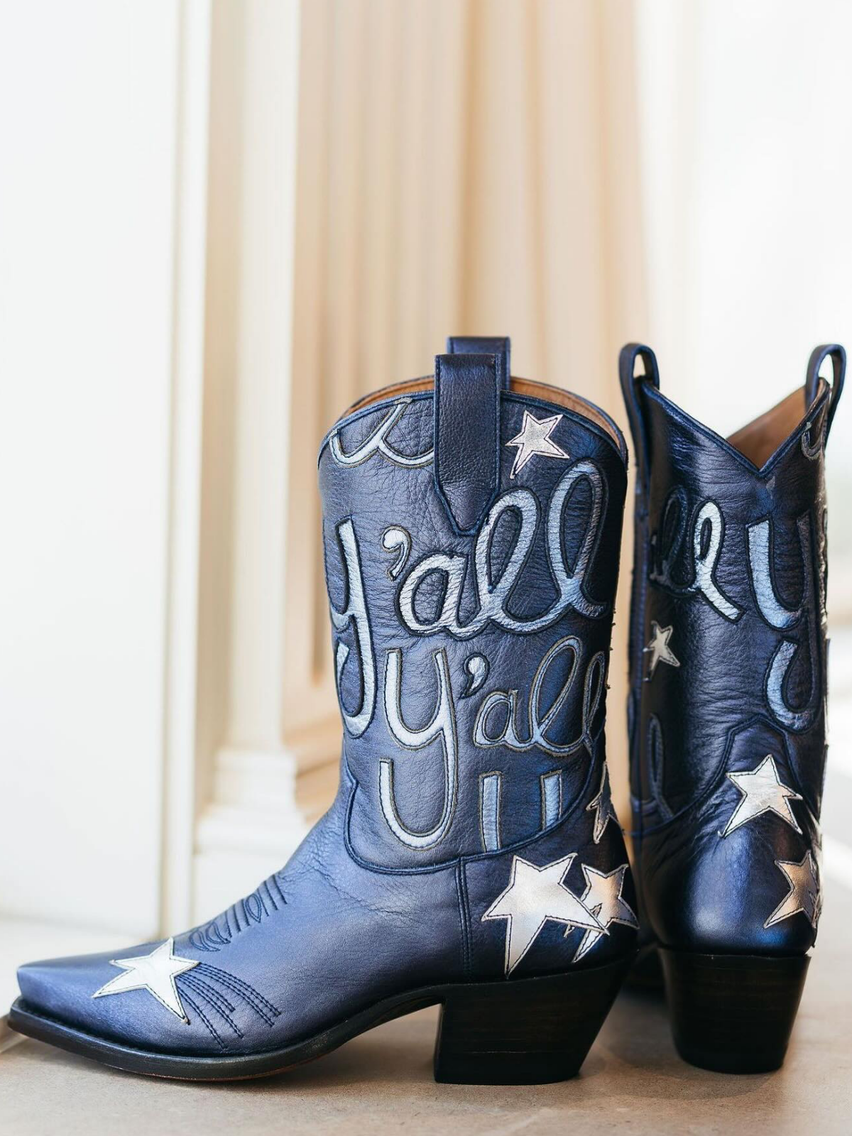 Metallic Navy Blue Snip-Toe Star And Letters Inlay Applique Wide Mid Calf Cowgirl Boots