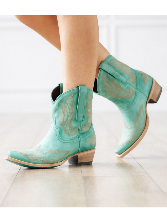 Turquoise Embroidery Snip-Toe Wide Mid Calf Cowboy Boots For Women