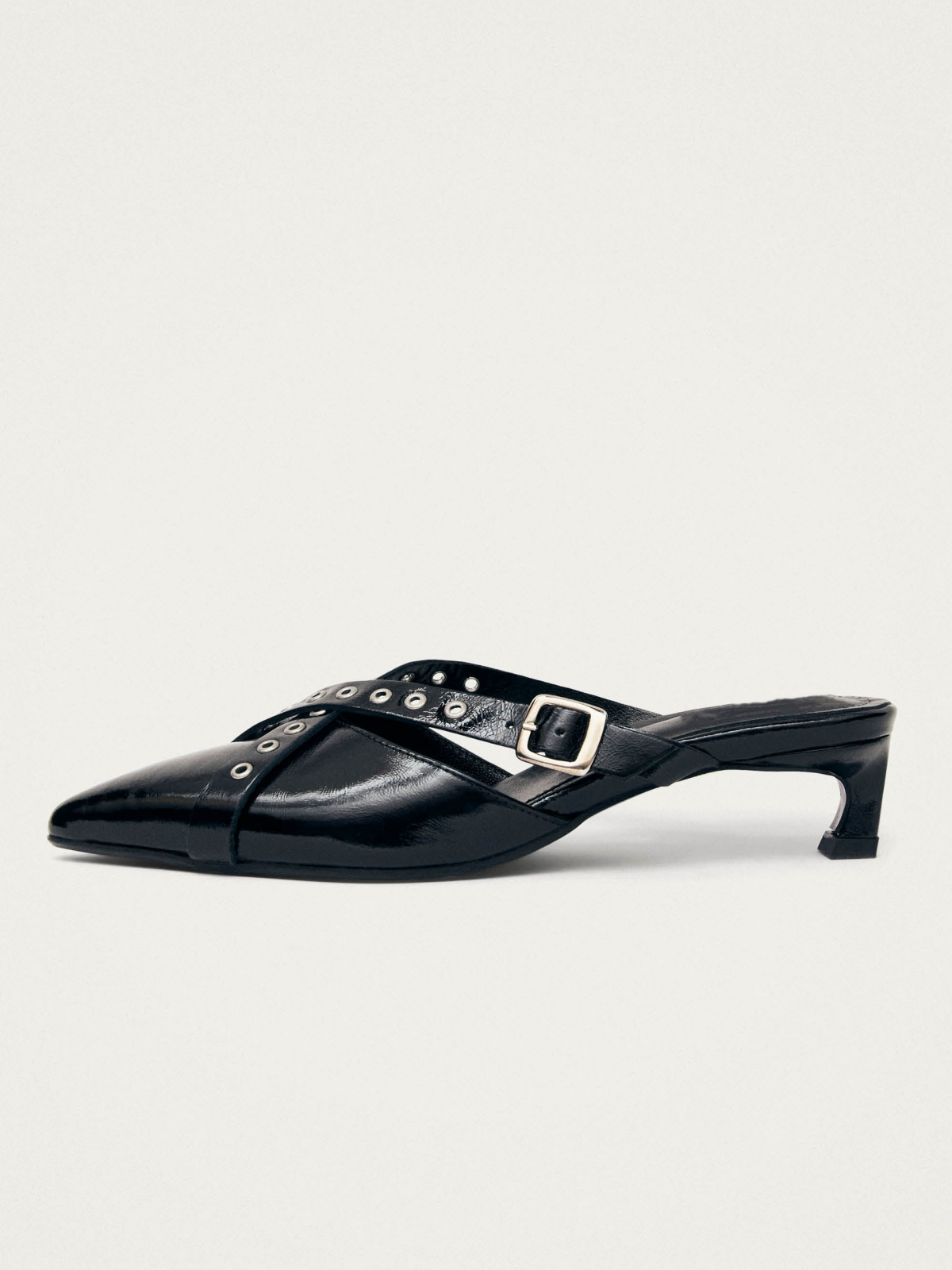 Patent Black Pointed-Toe Eyelet-Embellished Cross Straps Mules
