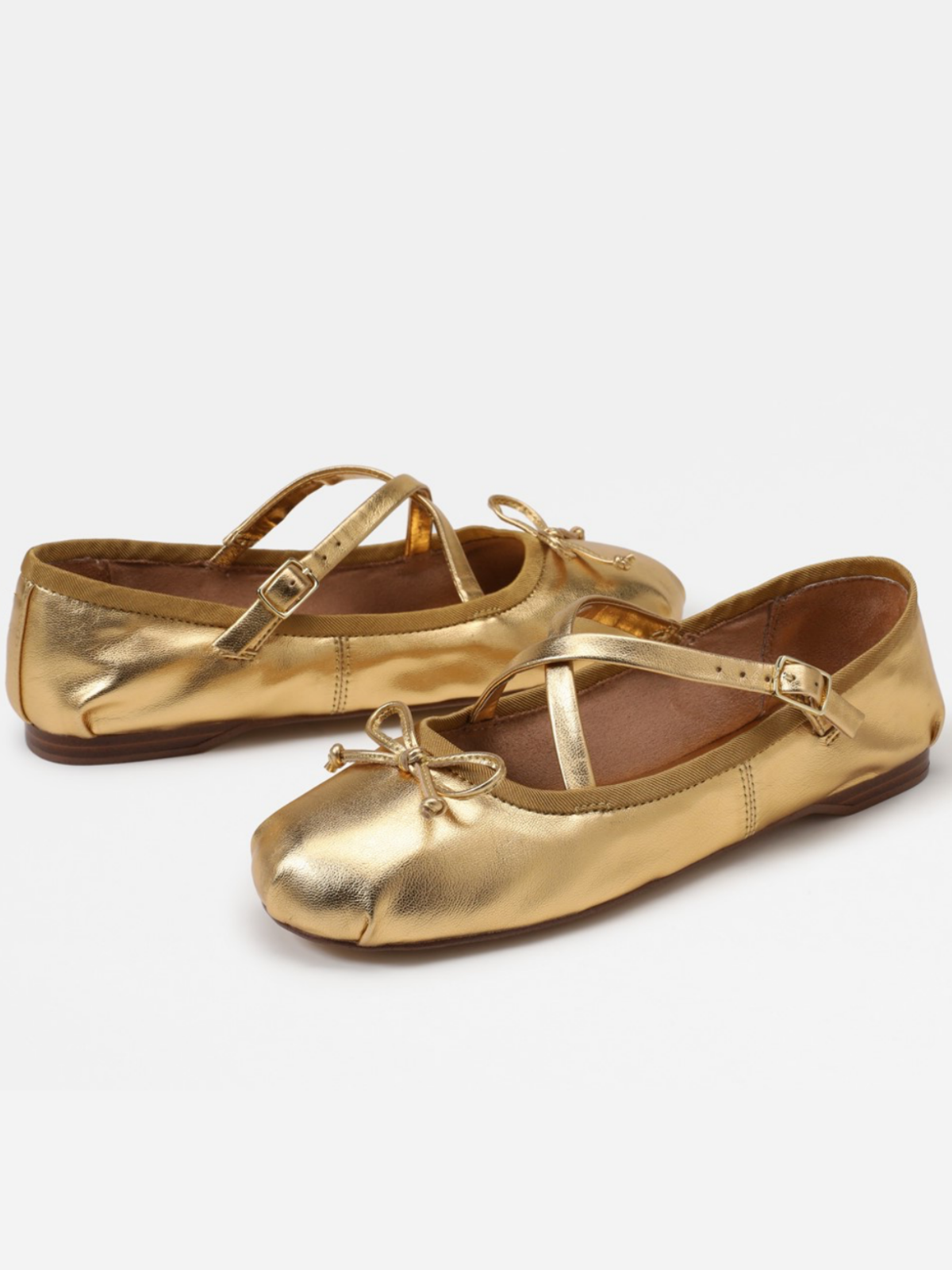 Metallic Gold Bow Ballerina Flats With Crossed Buckled Strap