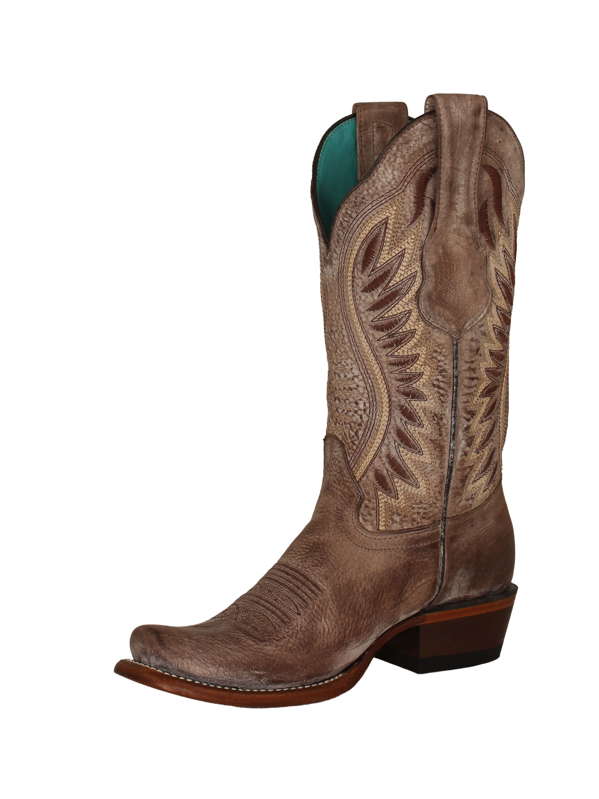 Distressed Brown Square-Toe Embroidery Wide Mid Calf Cowgirl Boots