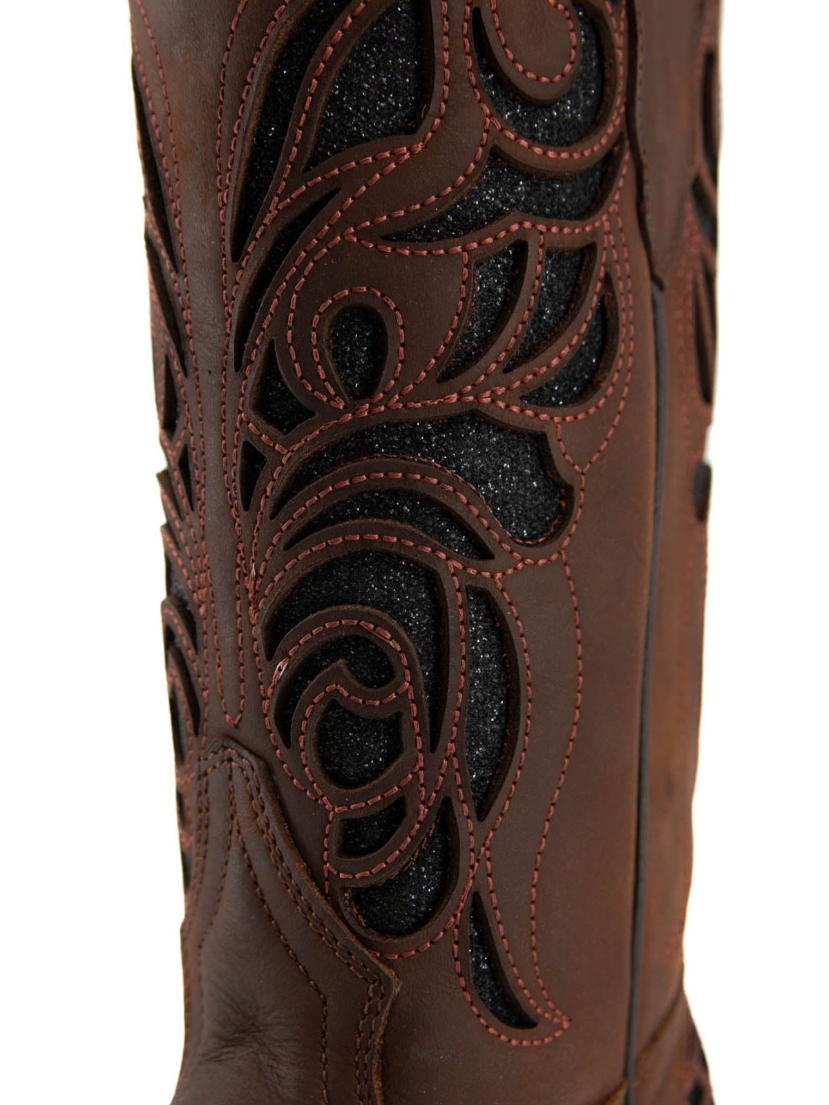 Dark Brown Square-Toe Inlay Giltter Wide Mid Calf Cowgirl Boots