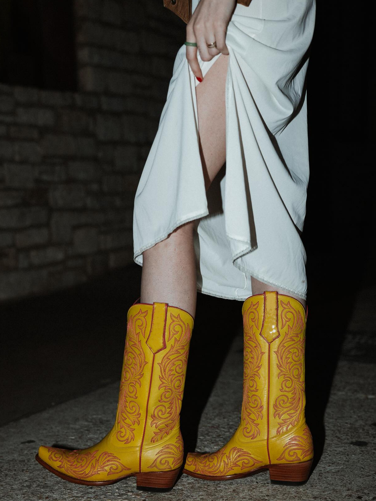 Yellow Snip-Toe Embroidery Wide Mid Calf Cowgirl Tall Boots