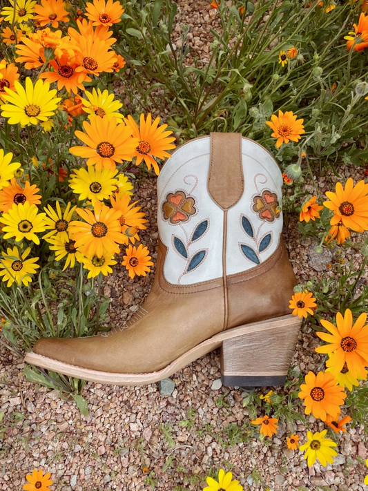 Contrast Tan And Ivory Almond-Toe Flowers Inlay Wide Mid Calf Cowgirl Boots