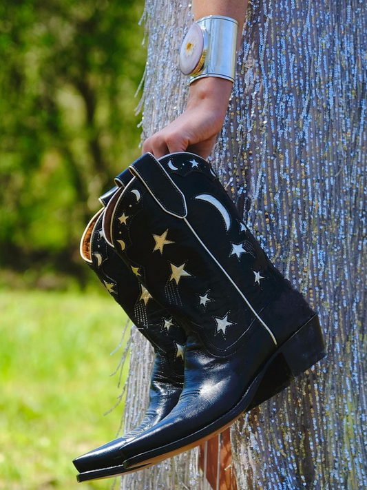 Metallic Moon Star Inlay Applique Mid Calf Cowgirl Boots - Black / Pale Gold