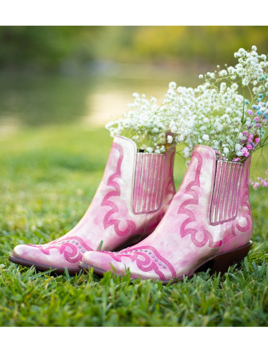 Metallic Almond-Toe Studded Embroidery Wide Mid Calf Cowgirl Boots - Pink