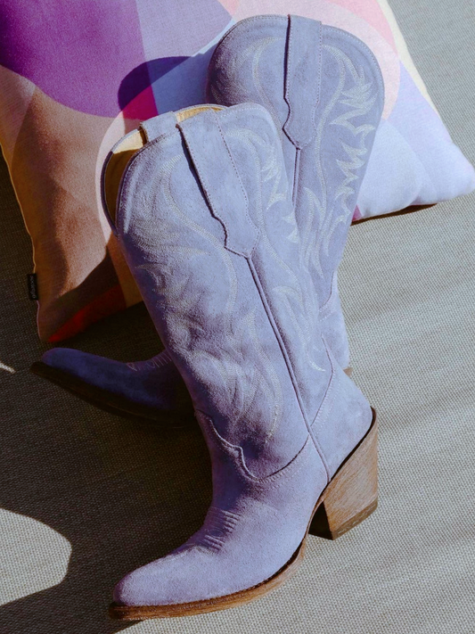 Faux Suede Wings Embroidery Pointed-Toe Wide Mid Calf Tall Cowgirl Boots - Periwinkle