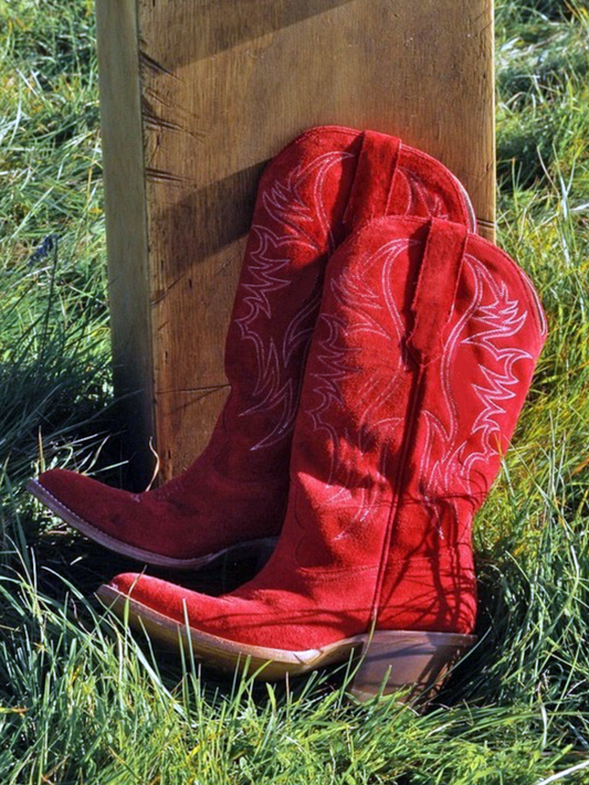 Faux Suede Wings Embroidery Pointed-Toe Wide Mid Calf Tall Cowgirl Boots - Cherry Red