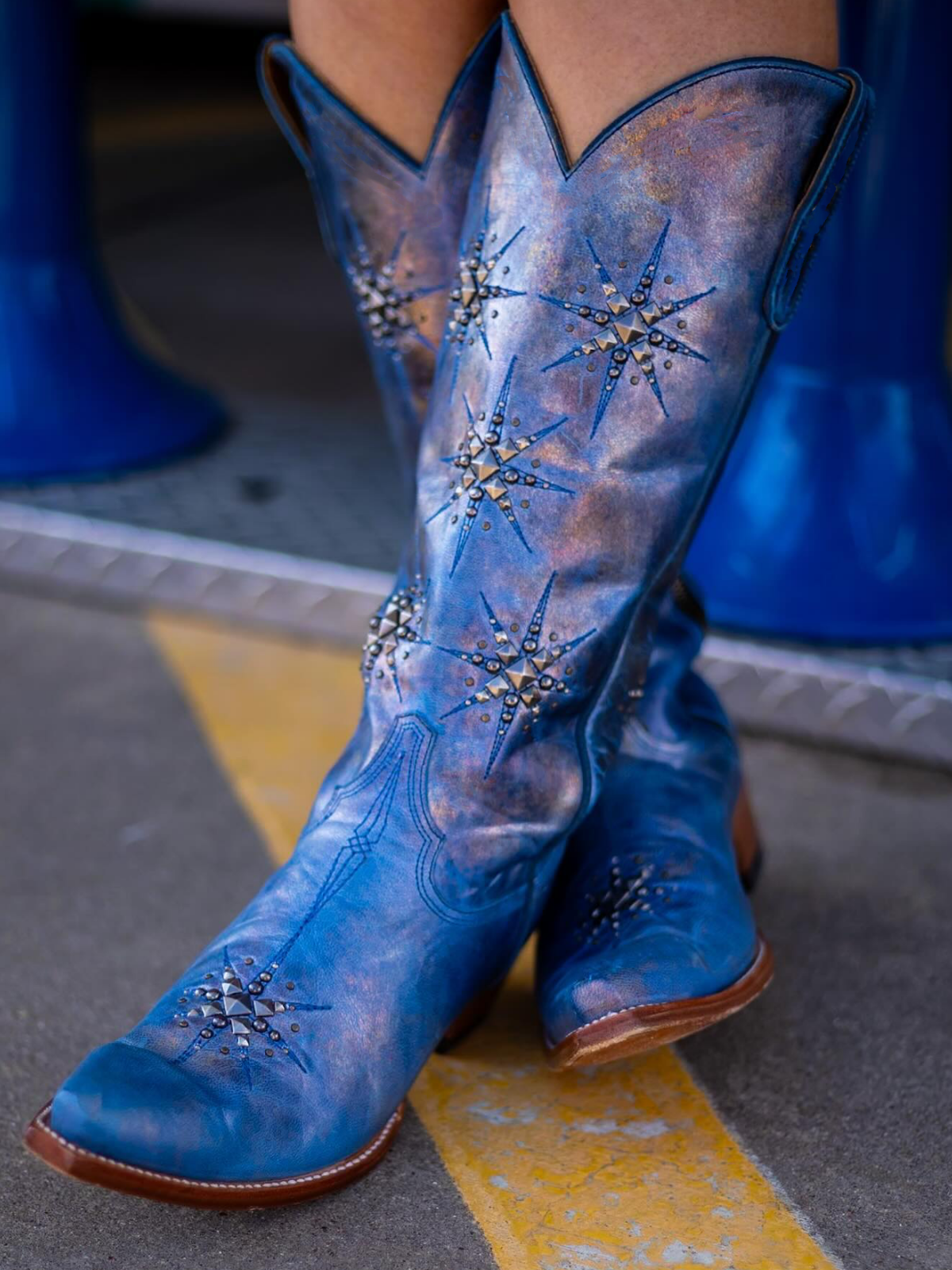 Metallic Blue Snip-Toe Studded Stars Full-Zip Mid Calf Cowgirl Boots