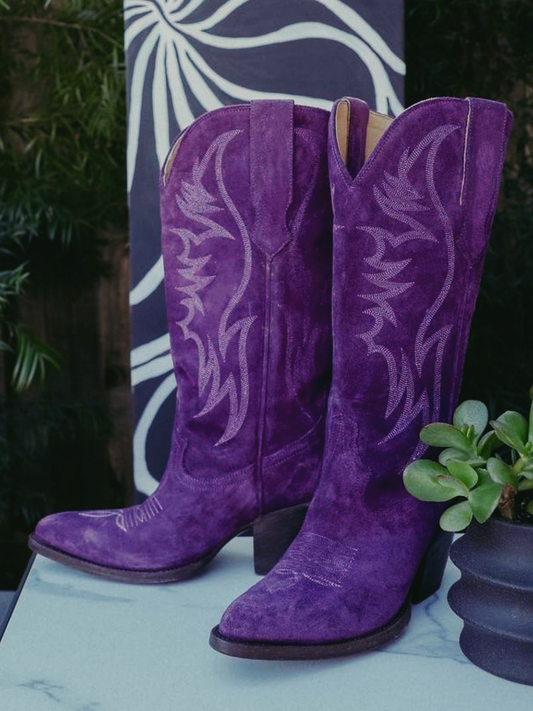 Faux Suede Wings Embroidery Pointed-Toe Wide Mid Calf Tall Cowgirl Boots - Purple