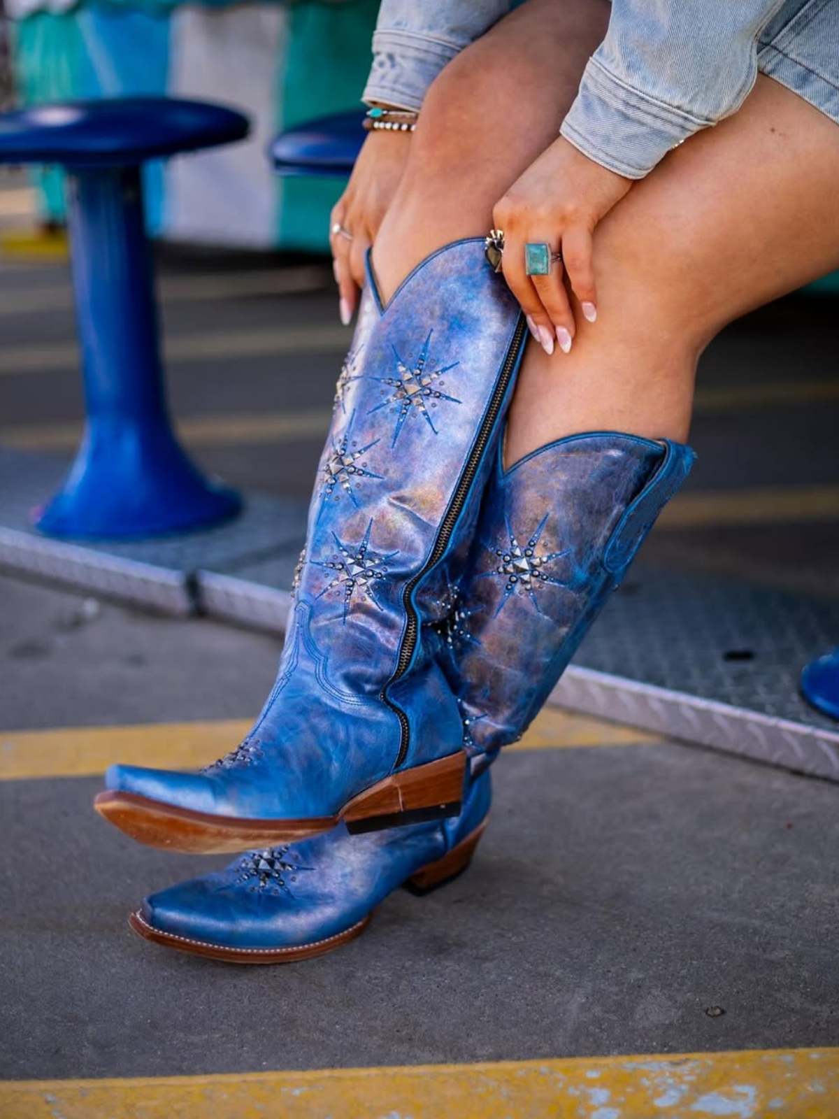 Metallic Blue Snip-Toe Studded Stars Full-Zip Mid Calf Cowgirl Boots