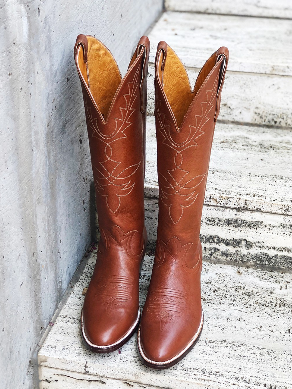 Brown Vegan Leather Embroidery Almond-Toe Wide Mid Calf Tall Cowgirl Boots