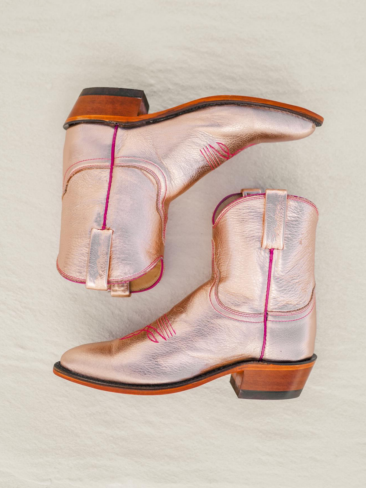 Metallic Rose Gold Almond-Toe Wide Mid Calf Western Boots For Women