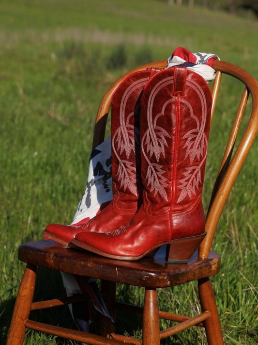 Red Almond-Toe Fallen Leaves Embroidery Wide Mid Calf Tall Cowgirl Boots