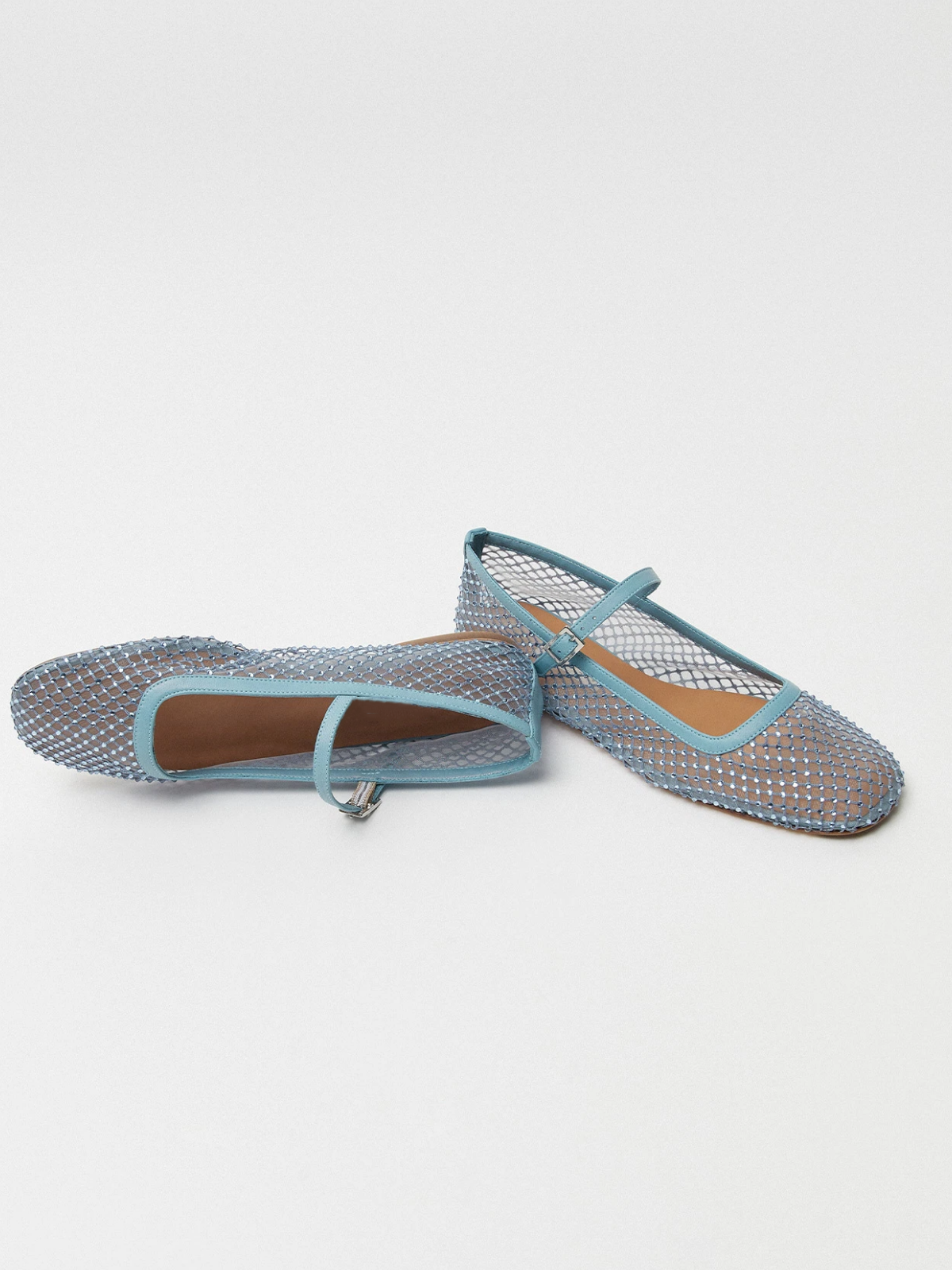 Light Blue Sparkle Rhinestone Ballerinas Semi-Transparent Mesh Strass Flats Mary Janes