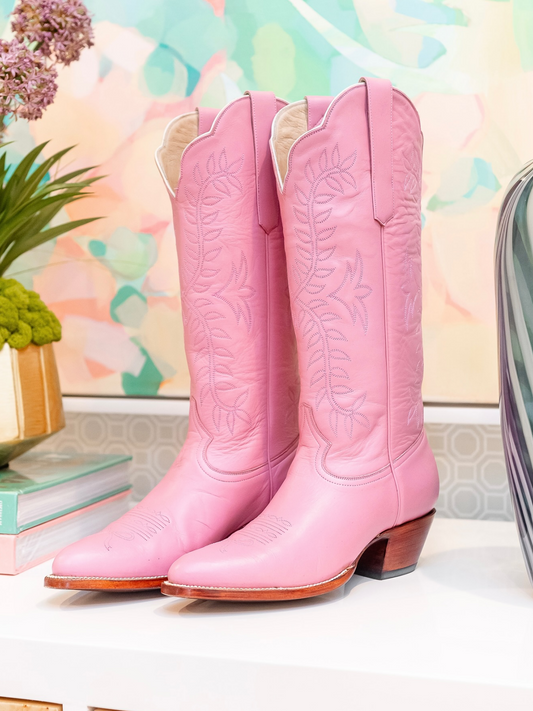 Leaves Embroidery Almond-Toe Wide Mid Calf Cowgirl Boots - Pink