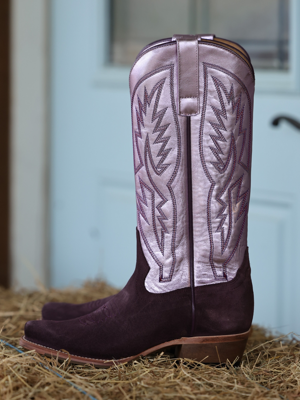 Faux Suede & Metallic Vegan Leather Embroidery Snip-Toe Wide Mid Calf Cowgirl Boots in Contrast Purple