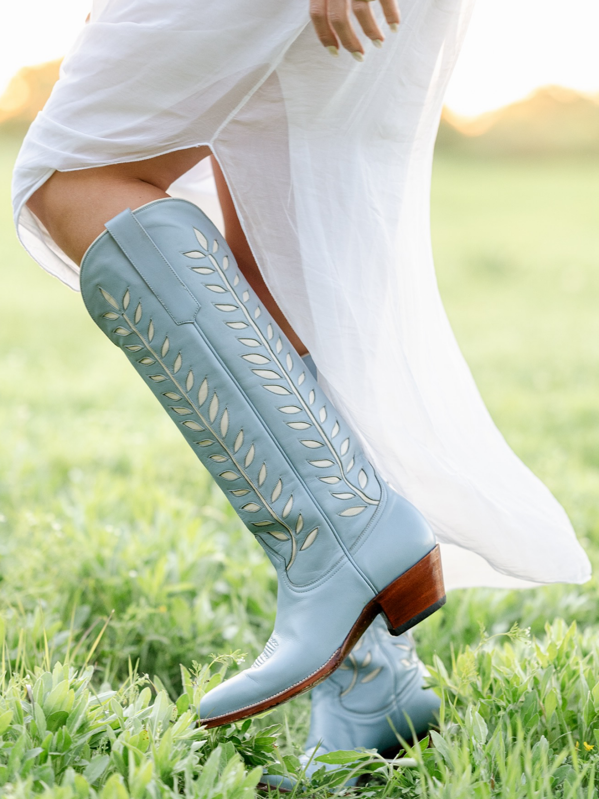 Almond-Toe Ivory Leaves Inlay Wide Calf Tall Knee High Cowgirl Boots - Powder Blue