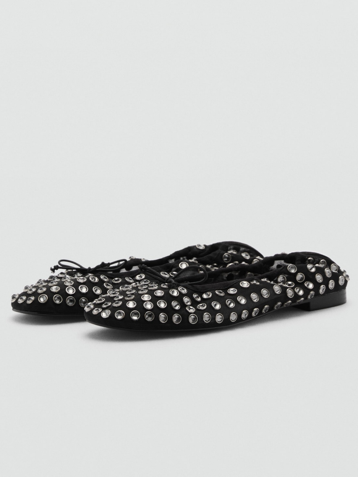 Black Faux Suede Round-Toe Mesh Studded Ballet Flats