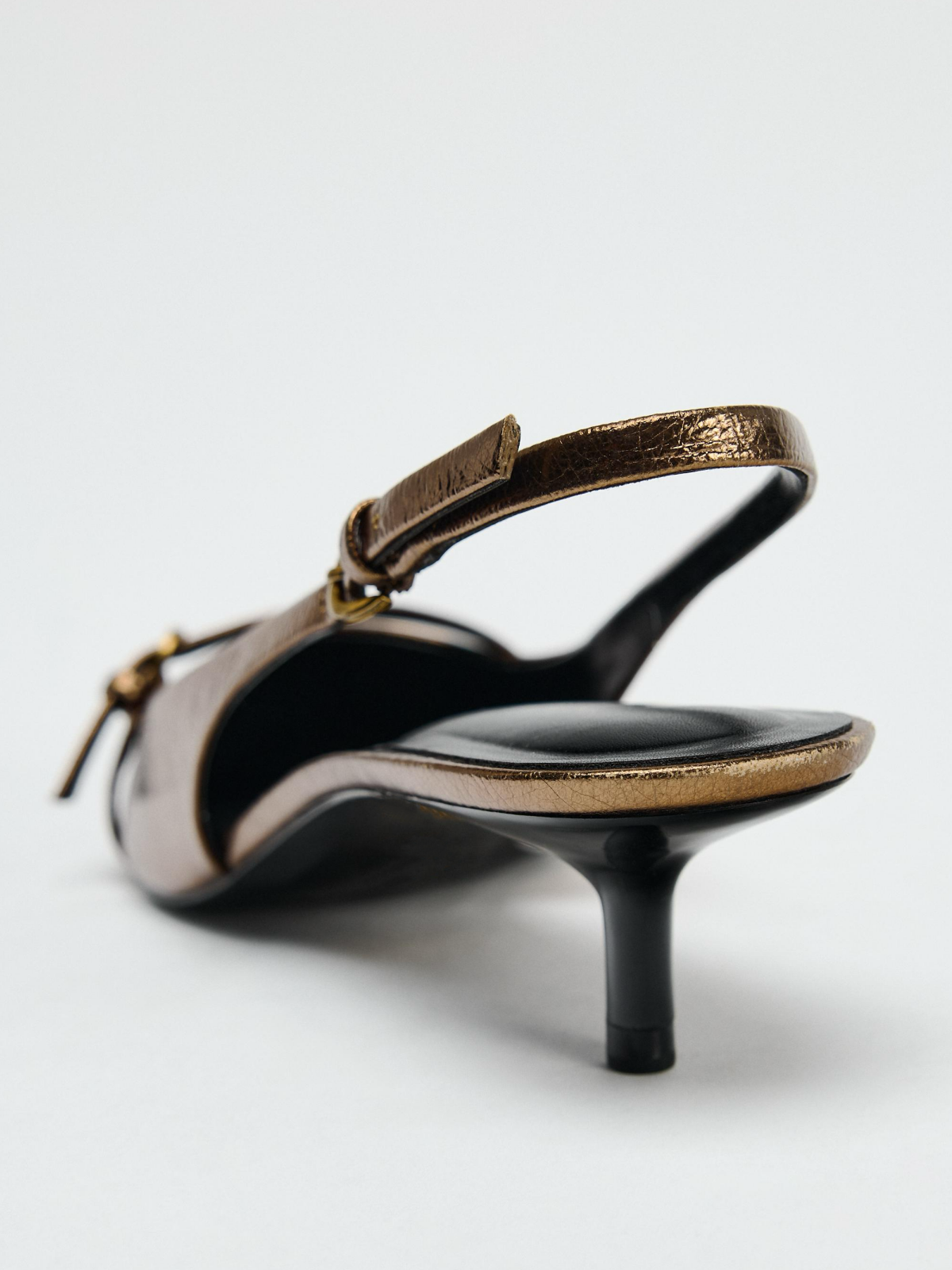 Metallic Gold Pointed-Toe Front Strap With Buckle Slingback Kitten Heels