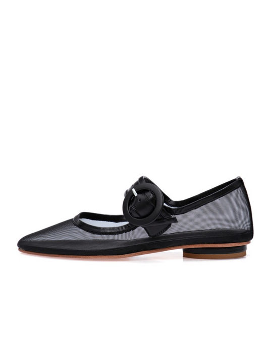 Black Mesh Elongated Ballet Flats Mary Janes With Oversized Buckle