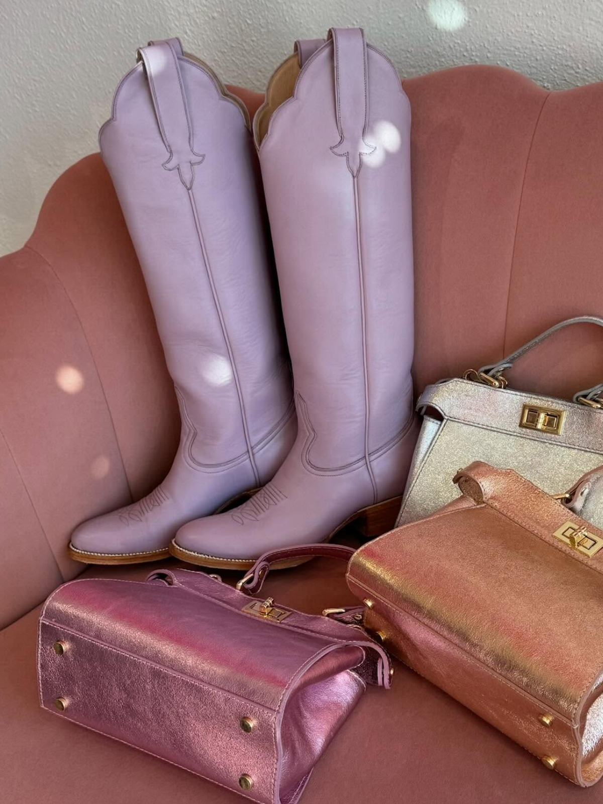 Simple Round-Toe Wide Calf Knee High Tall Cowgirl Boots - Lavender