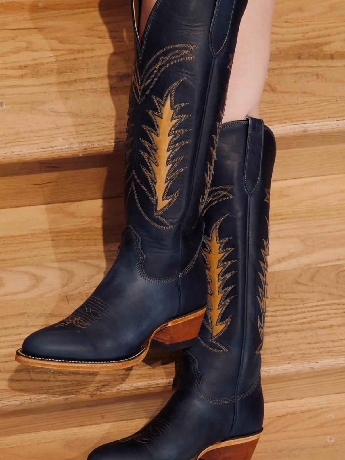 Dark Blue Almond-Toe Inlay Embroidery Wide Mid Calf Tall Cowgirl Boots