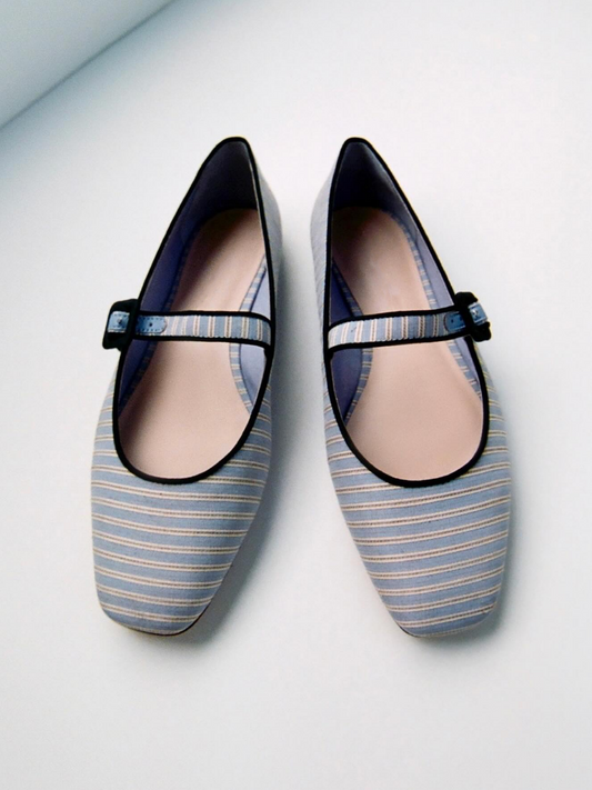 Light Blue Cloth Square-Toe Adjustable Bridge Strap Mary Janes Ballet Flats