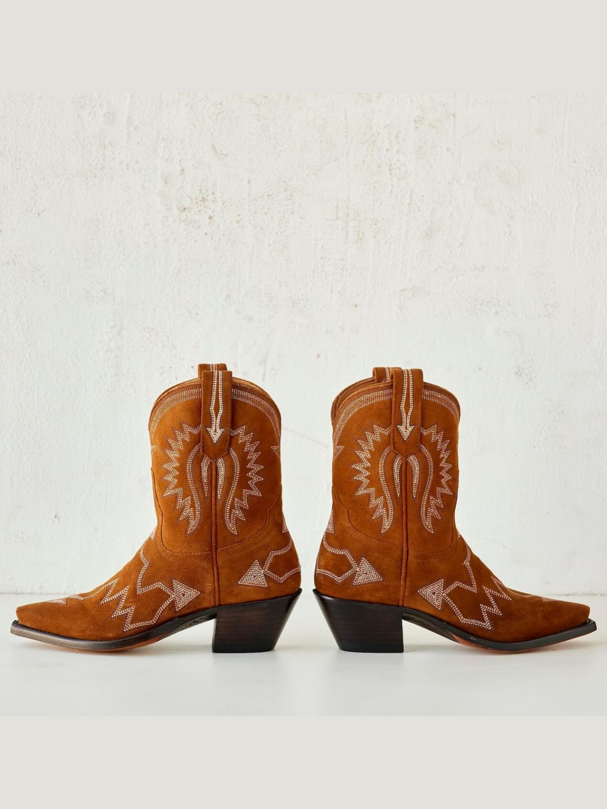 Jagged Embroidery Snip-Toe Wide Mid Calf Cowgirl Boots - Brown Faux Suede