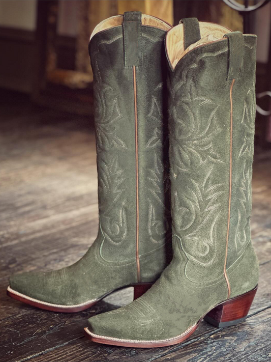 Dark Forest Green Faux Suede Embroidery Snip-Toe Wide Mid Calf Tall Cowgirl Boots