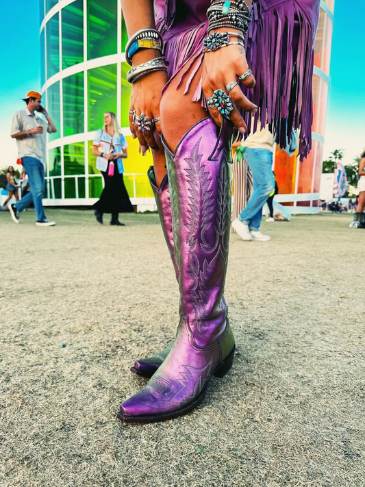 Metallic Iridescent Purple Embroidery Snip-Toe Half-Zip Western Knee High Boots Cowgirl Tall Boots