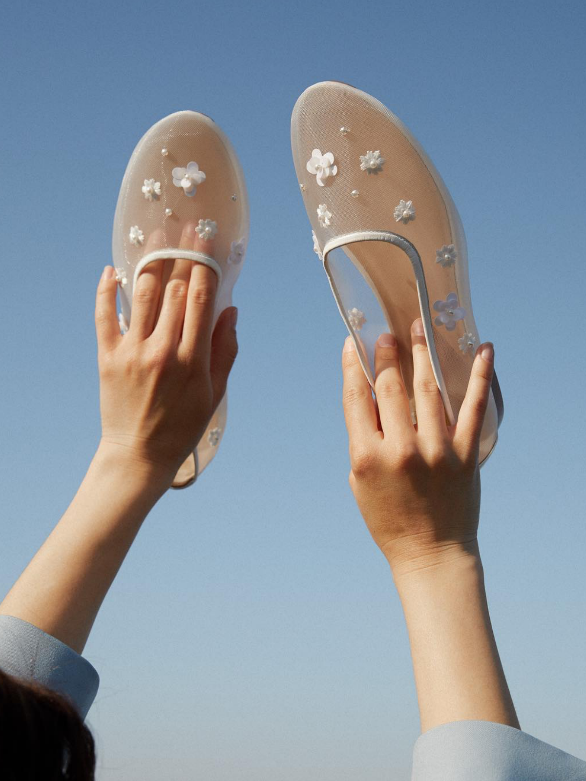 White Semi-Sheer Mesh Ballet Flats With Pearls & 3D Flower Appliqués