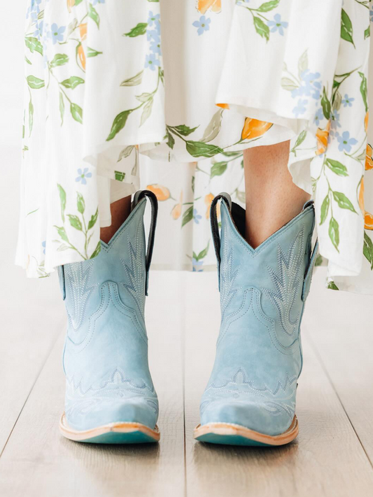 Powder Blue Embroidery Snip-Toe Wide Mid Calf Cowboy Boots For Women